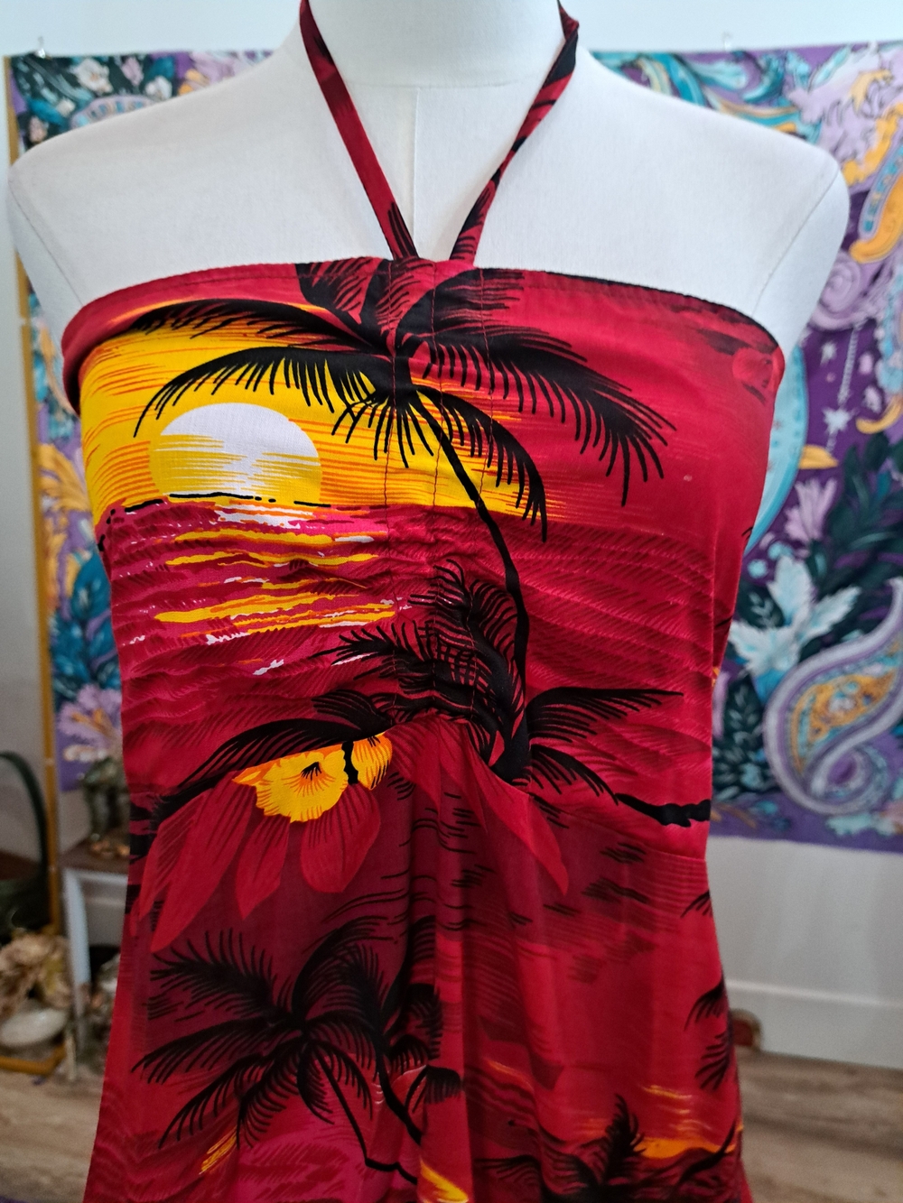 Sunset Spell Tropical Halter Dress | Red Palm Print Maxi Dress XL - Picture 2 of 5
